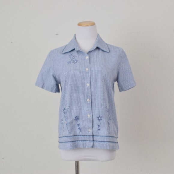 Vintage 80s Cotton Seersucker Check Blouse | size PM - Picture 2 of 10